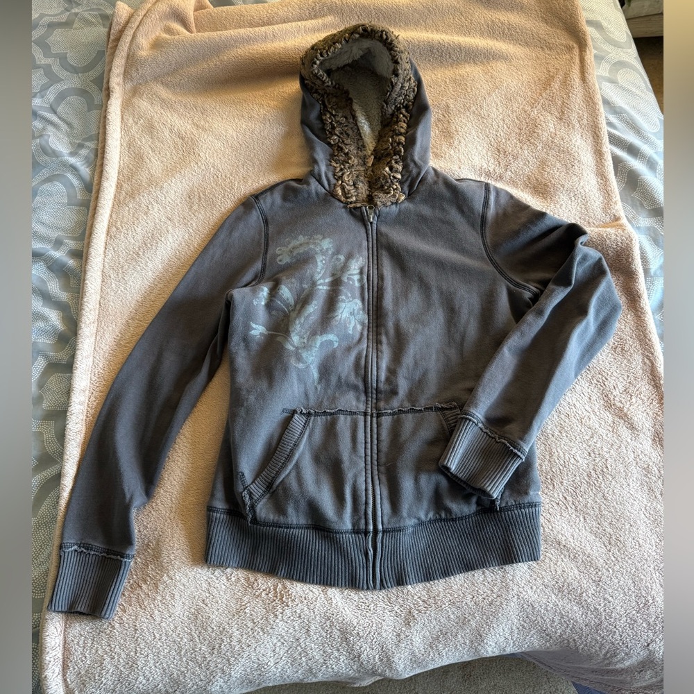 Mossimo Supply Co. Cream and Brown Zip Hoodie with Fur Trim